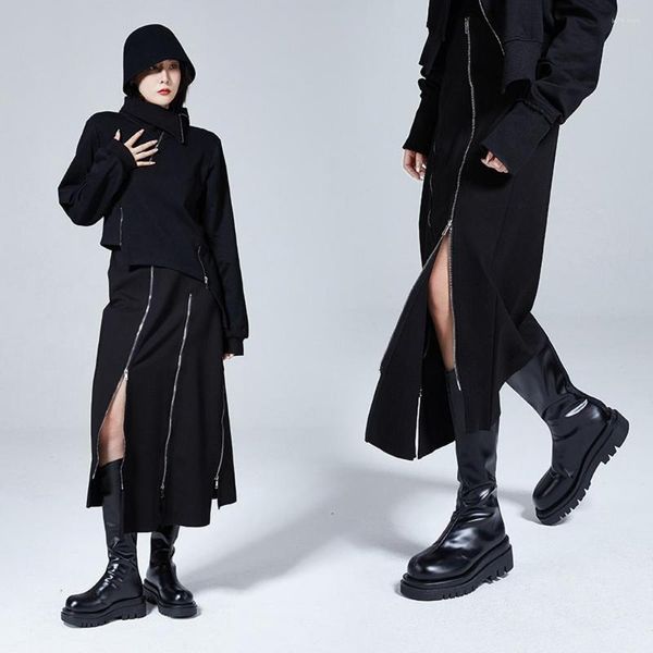 Jupes gothique Punk noir longue jupe mode femmes a-ligne taille haute irrégulière fendue avant fermeture éclair décoration Y2k RS597