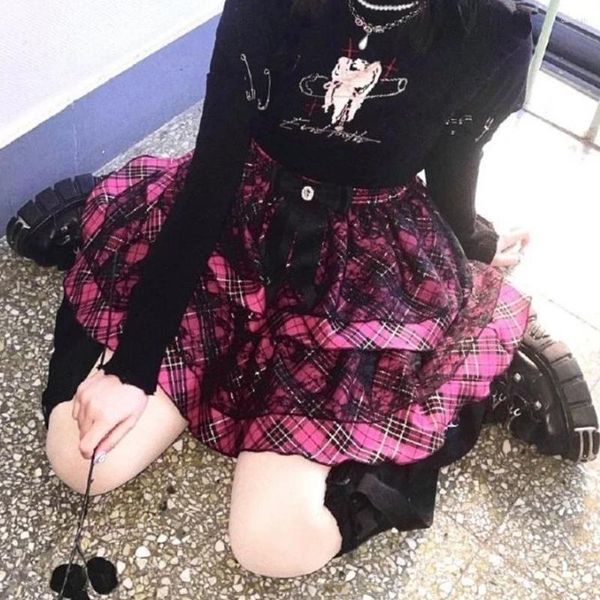 Jupes gothiques rayées imprimées Y2K gâteau Mini jupe Harajuku japonais dentelle Punk robe de bal Kawaii école décontractée fête patineuse