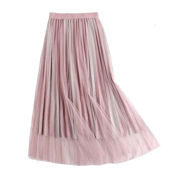 Jupes dégradé couleur bord élégant fumer femmes Tulle Rok 2021 carême haute queue Tutu longue une ligne Plisse Midi fumée femme