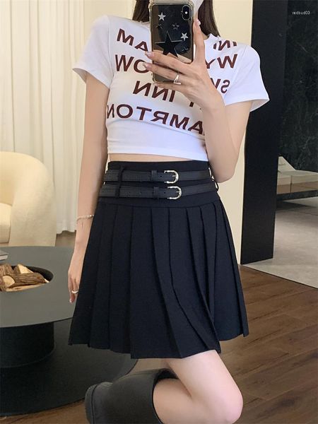 Faldas gris negro Mini falda con cinturón Kawaii Jk uniforme escuela secundaria moda mujer plisado Y2k tela verano coreano 2023 Harajuku