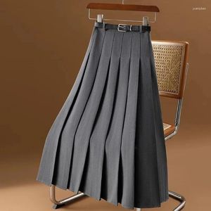 Jupes gris mode taille haute a-ligne jupe plissée femmes longue bureau dame costume élégant 2024 printemps automne a-jupes