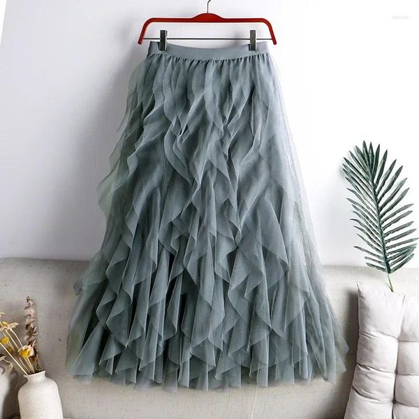 Faldas grises long maxi tul falda mujeres otoño e invierno moda vintage vintage a-line ruffles plisado P374