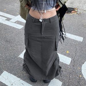 Jupes gris rue cordon fendu longue jupe femmes taille haute mode coréenne basique Cargo dame Harajuku Y2K tenues 230302