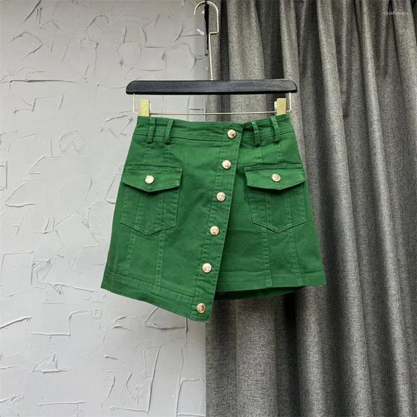Jupes de mode vert denim court féminins été 2023 fille chic fille oblique oblique bouton haute taille élasticité jean mini jupe