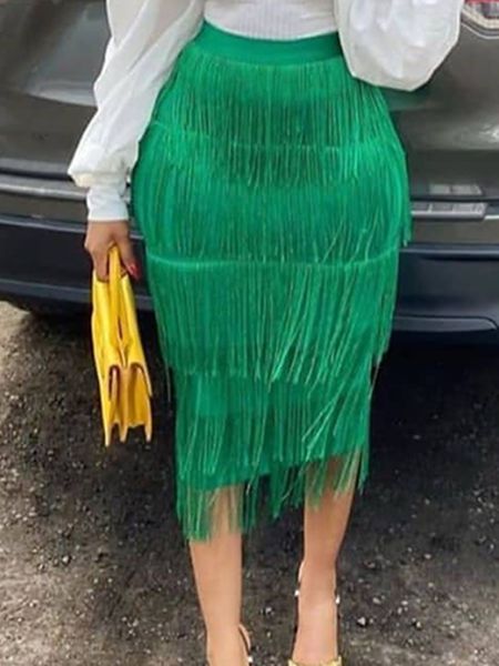 Jupes Vert Fringe Moulante Crayon Gland Taille Haute Femmes Stretch Gaine Midi Longueur Dames Slim Jupe Saias faldas Grande Taille 230110