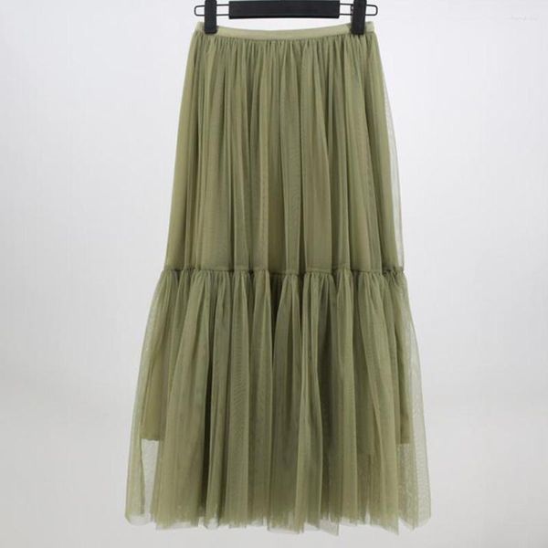 Faldas Falda de tul de longitud media verde para mujer Tutú largo de cintura alta plisado Moda de verano Fiesta elástica