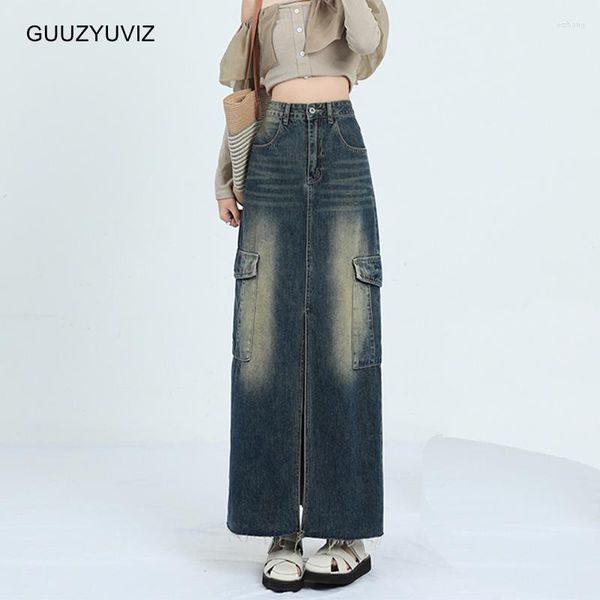 Faldas GUUZYUVIZ Vintage cintura alta Denim señoras largas Y2k Casual Split gran bolsillo recto Cargo Jeans falda para mujer