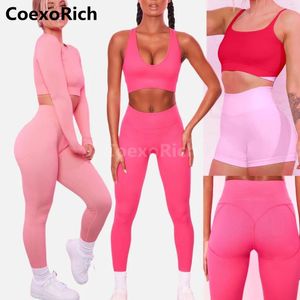 Jupes Vêtements de sport Soutien-gorge de sport Ensemble d'entraînement Femmes Yoga Costume sans couture à manches longues Crop Top Scrunch Butt Fiess Leggings Yoga Shorts