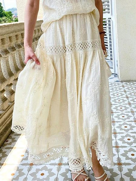 Jupes gypsylady français chic femmes maxi jupe broderie dentelle patchwork A-line décontractée volant les dames beige faldas beige faldas