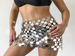 Jupes Handmade Chain Mail Mini jupe femme Metal Mirror Disc Miniskirt Black Paillette Body Body Nightclub Party5246462