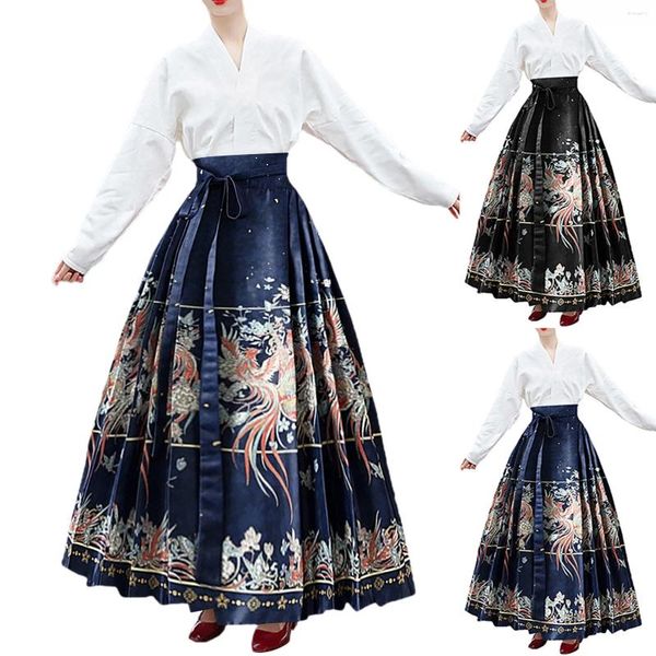 Jupes hanfu national chinois jupe plissée femme streamer haute taille à lacet à lacets