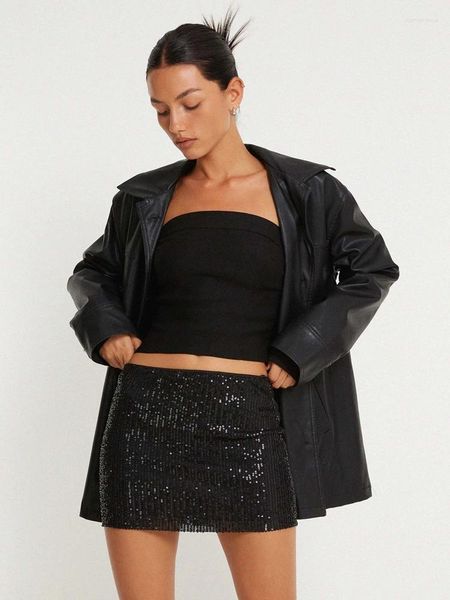 Jupes HAOYUAN Sexy Brillant Paillettes Noir Argent Mini Femmes Y2k Taille Haute Mode D'été Mignon Club Wear Moulante Bas Courts