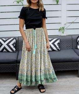 Jupes Happie Queens mode hippie femmes plage bohemian verte floral jupe haute taille A-line vintage boho maxi femme