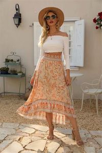 Rokken Happie Queens Mode Vintage Vrouwen Strand Bohemian Bloemen Pauw Print Rok Hoge Elastische Taille Maxi ALine Boho Femme 230607