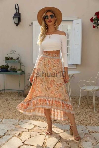 Jupes Happie Queens Mode Vintage Femmes Plage Bohème Floral Paon Imprimer Jupe Haute Taille Élastique Maxi A-Line Boho Jupes Femme J230621