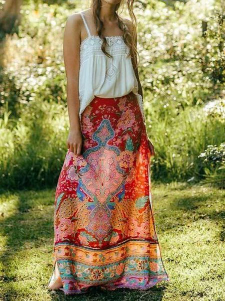 Jupes Happie Queens Femmes Floral Paon Imprimer Gland Plage Bohème Maxi Dame Taille Élastique Rayonne Gothique Aline Boho Jupe 230601