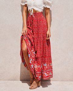 Faldas Happie Queens Women Red Floral Impresión Playa Bohemia Falda High Elastic Rayon Algodón Boho Maxi Femme 230601