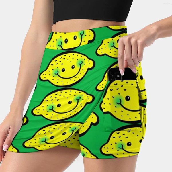 Faldas felices cítricas de dibujos animados de limón Doodle Women's Skirt With Hide Pocket Tennis Golf Badminton Running Fruit