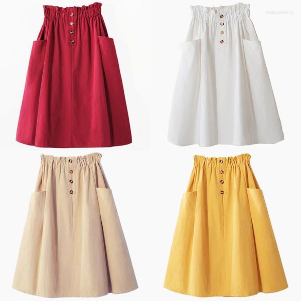 Jupes Harajuku taille haute jupe midi femmes Peplum bouton poche plissée fille vintage jaune coréen élégant une ligne école 204