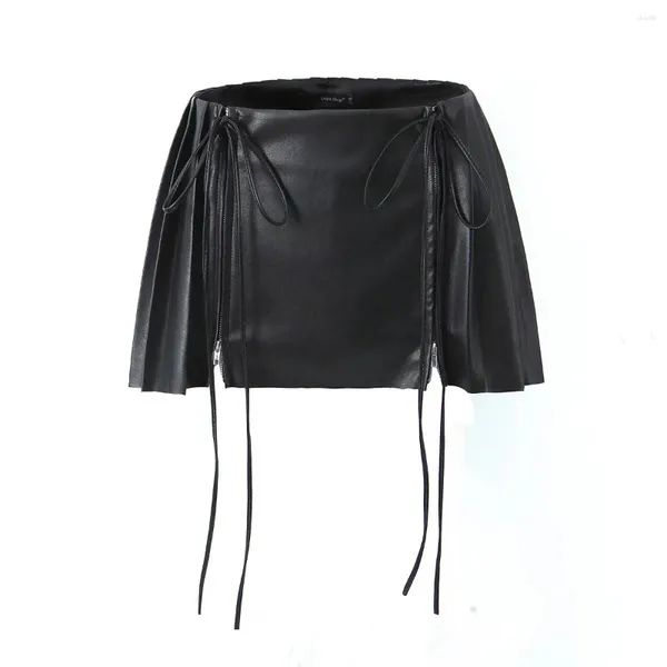 Jupes Harajuku Jupe Kawaii Y2K Vêtements Faux Cuir Pour Femme Noir Mini PU Taille Haute Plissée Avec Short