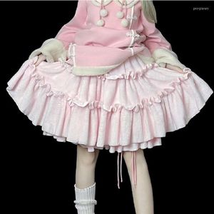 Faldas Harajuku para mujer, falda gruesa cálida de felpa para invierno, Y2k, rosa dulce, blanca, de cintura alta, plisada, de lana esponjosa, Kawaii Lolita Mini