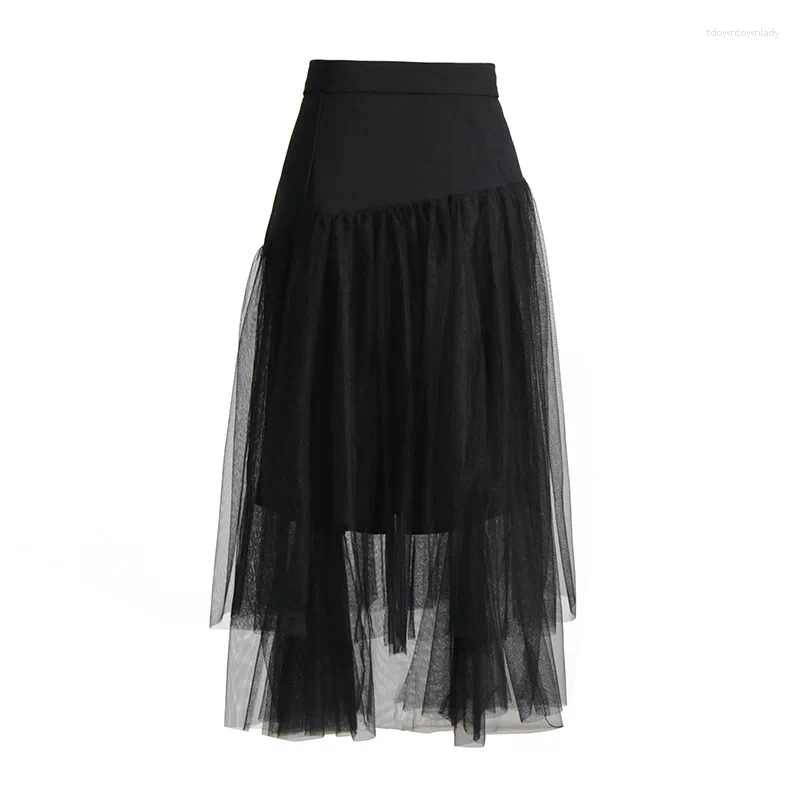 Skirts Heavy Industry Embroidery Mid Length Skirt 2023 Fashion High Waist Buckle Mesh Spliced Half