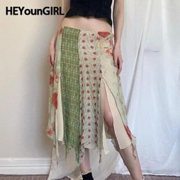 Jupes heyoungirl contraste patchwork imprime florale jupe longue y2k esthétique basse taille rétro de vacances aux femmes asymétriques tenues