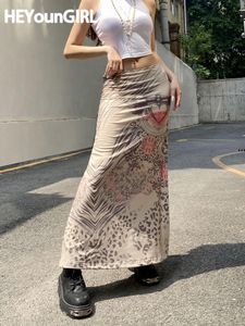 Rokken Heyoungirl Harajuku Mall Goth Vintage A Line Midi Skirts Women Casual Print High Taille Rok Dames Khaki Summer Streetwear 220924