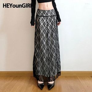 Jupes heyoungirl laca patchwork femmes jupe droite des années 2000 esthétique basse taille longue vintage élégante streetwear féminin 90