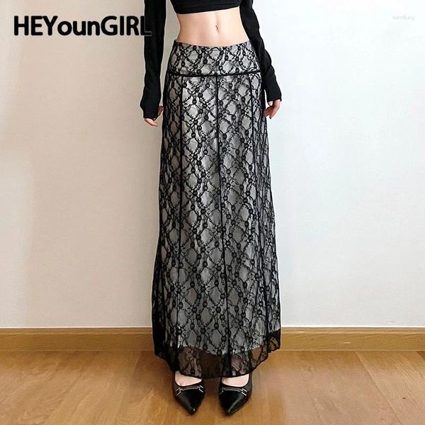 Skirts Heyoungirl Laca Patchwork Women Straight Falda Straight 2000s Grunge Estética baja CINE Long Vintage Elegante Femenina Femenina 90