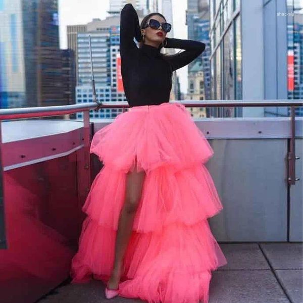 Faldas High Street Pink Tiered Tulle Asimétrico Puffy Tutu Largo Maxi Falda femenina hecha a medida