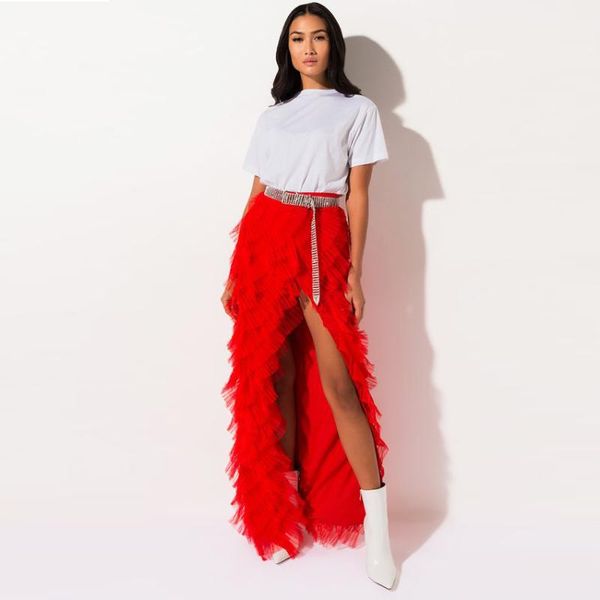 Jupes High Street Red Ruffles Tiered Tulle Women Side Split Long Straight Zipper Maxi SkirtJupes