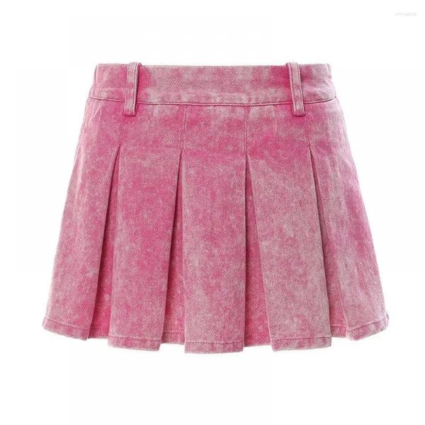 Jupes High Street Sexy Femmes Pink Denim Mini Jupe Designer Brand Taise plissée A-Line Fashion 2024 Vêtements