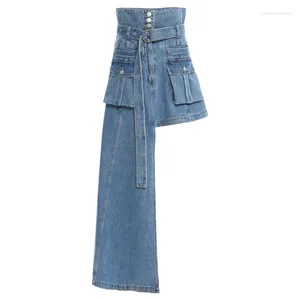 Jupes taille haute jupe en jean asymétrique mode de rue à lacets recueillir bouton poche femme