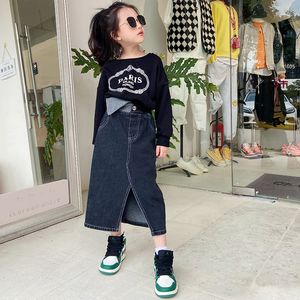 Jupes taille haute bébé fille jeans jupe fendue irrégulière noir devant ouvert mode vintage bambin adolescent denim jupes midi 3 à 14Y 230420