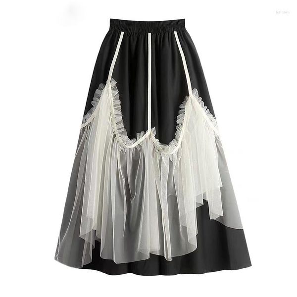 Jupes taille haute noir maille longue une ligne jupe femmes mode Lolita Tulle irrégulière Goth femme automne fête Style