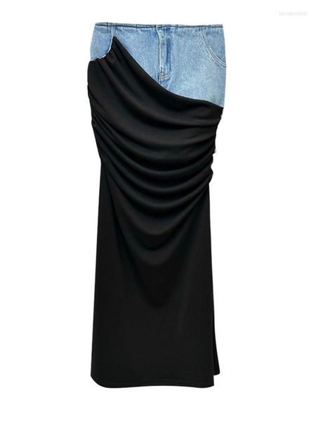 Faldas de cintura alta azul Denim plisado Irregular largo elegante medio cuerpo falda mujer moda marea primavera otoño 2023 M441