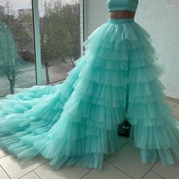 Jupes hautes taies cyan tulle robe de bal avec un train de jupe de soirée moelleux en couches à fente