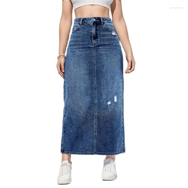 Jupes hautes taies denim longue jupe femmes trous brisés en dos divisé ourlet à demi-body robe féminine de mode de mode décontractée confortable streetwear