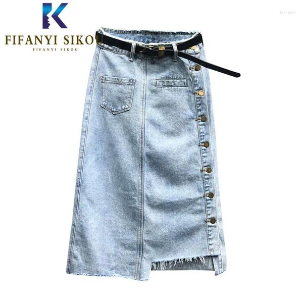 Jupes taille haute Denim jupe femmes simple boutonnage poche mode ample Midi longue femme décontracté a-ligne jean avec ceinture