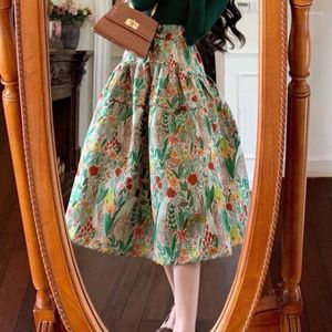 Rokken hoge taille geborduurde bloemenrok vrouwen geplooide gezwollen jupe faldas largas vintage herfst Koreaanse mode lang