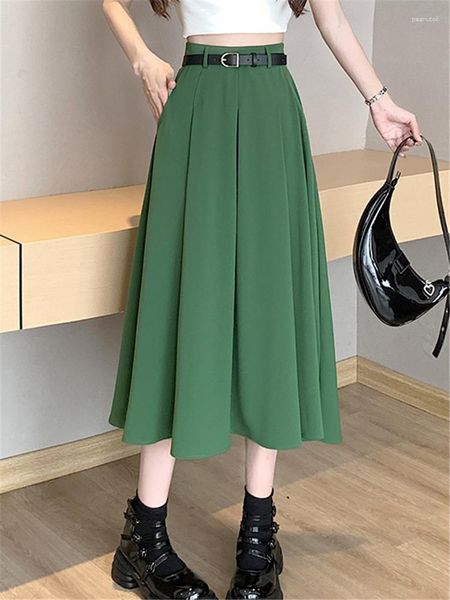 Jupes taille haute vert femme plissée midi avec ceinture 2023 printemps été élégant bureau dame parapluie chic femme