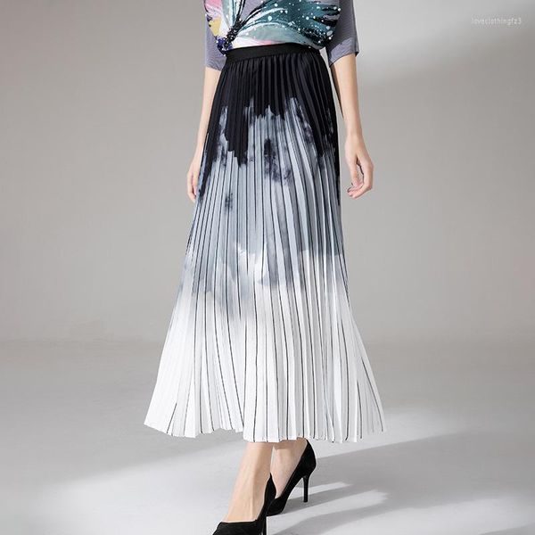 Jupes taille haute plissée jupe pour femmes 2023 printemps été imprimé élastique Miyake ample a-ligne longue mère vêtements