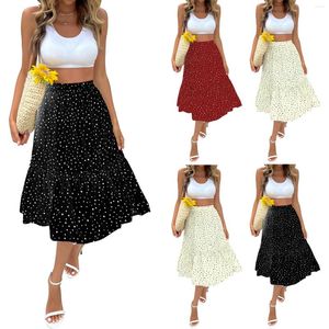 Rokken High Waist Print Midi Womens Velvet Skirt Maxi Long Polka Dot Elastic Band Puffy Princess