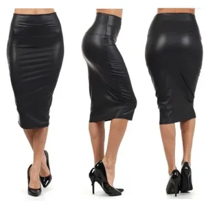 Jupes taille haute en cuir PU femmes jupe sexy noir moulante Clubwear Vintage bureau crayon longueur au genou dames couleur unie