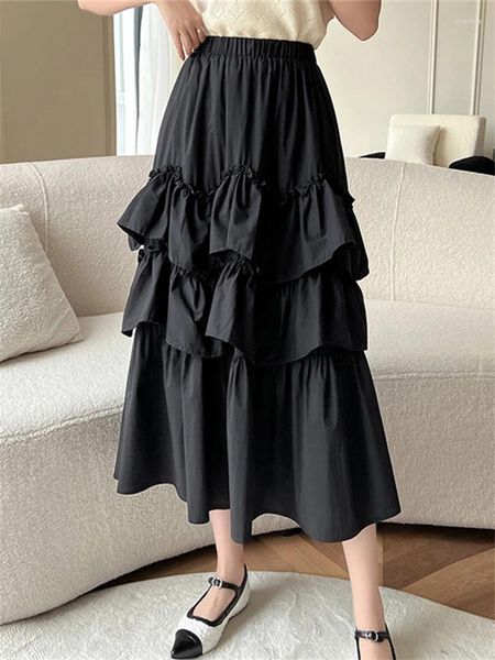 Jupes taille haute volants femmes gâteau long 2023 printemps été solide coréen parapluie plissé noir femme