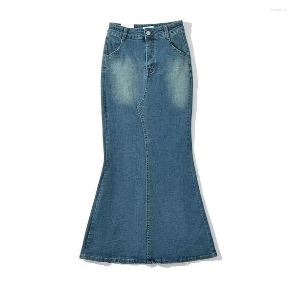 Faldas de cintura alta elástica Slim-Fit Denim Micro-Trompeta Fishtail Mujer 2023 Verano Retro Back Slit Bag Nalga Media falda