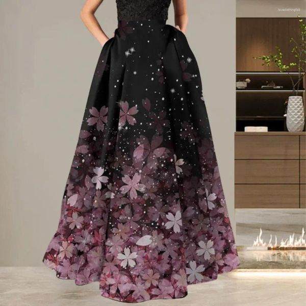 Jupes taille haute jupe longue polyester spandex bohème fleur imprimé maxi pour les femmes taille haute a-ligne grande balançoire douce