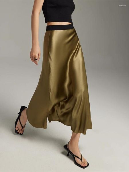 Faldas Falda de satén de talle alto Acetato Split Hem Diseño Moda Verde 2023 Verano Elegante Estilo coreano Midi con hendidura