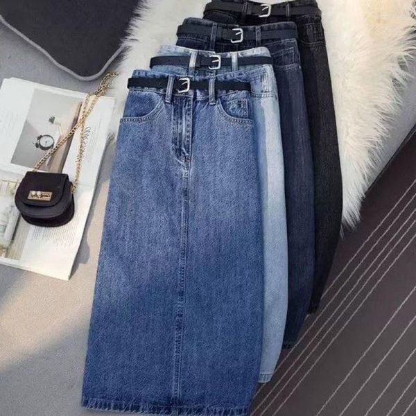 Jupes Jupe taille haute Femme Été Au-dessus du genou Décontracté Maigre Denim Fente Mi-long Une ligne